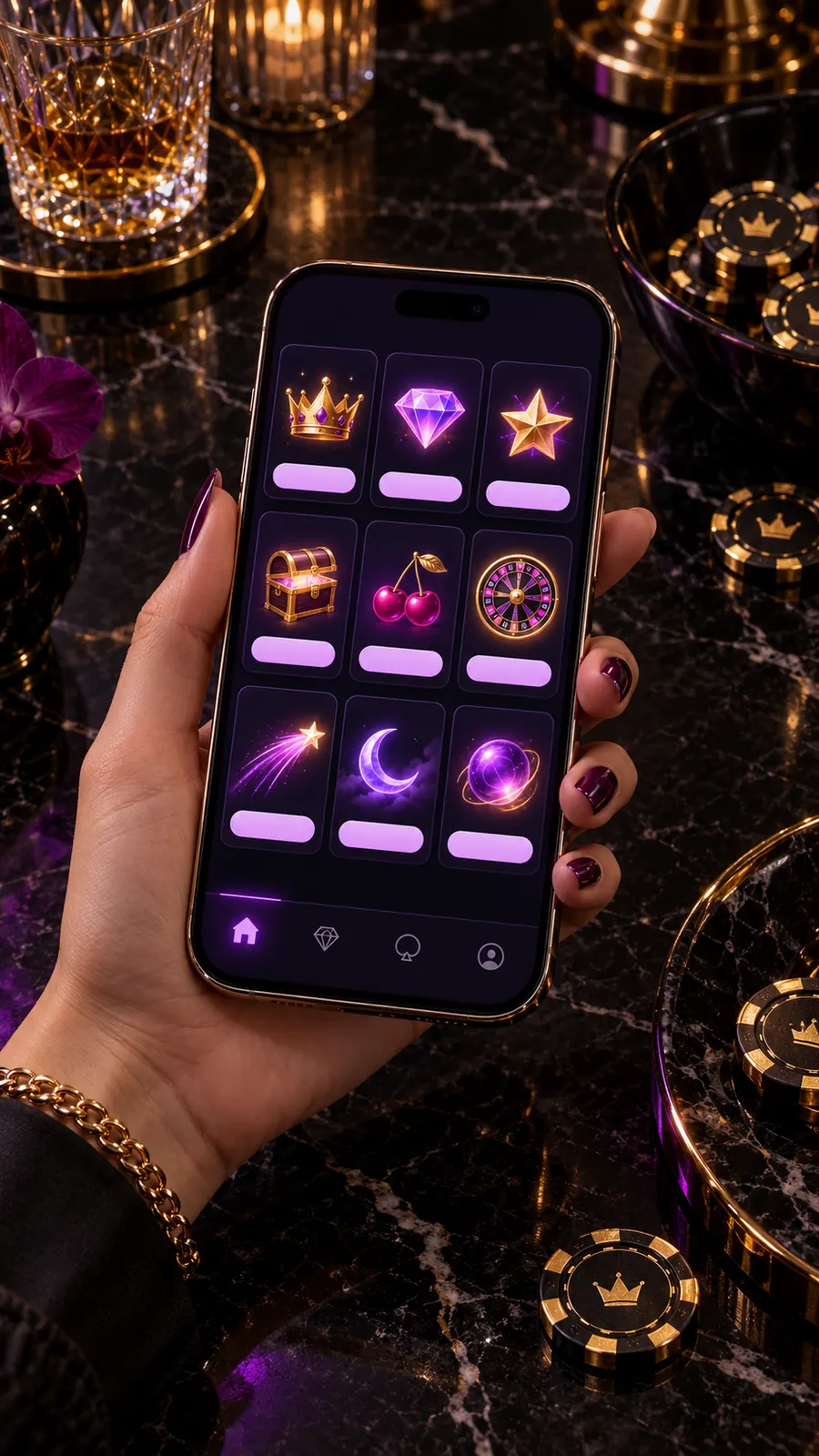 Aplikacja NV Casino na telefonie z saldem w złotówkach, pakietem powitalnym i listą popularnych gier